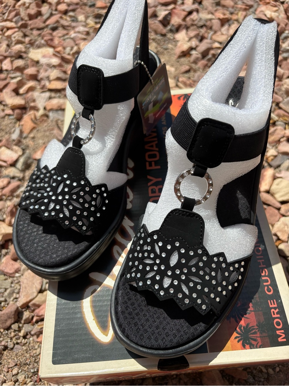 Skechers Women’s Cali Rumblers Queen B Black Rhinestone Wedge Sandals NIB Size 8